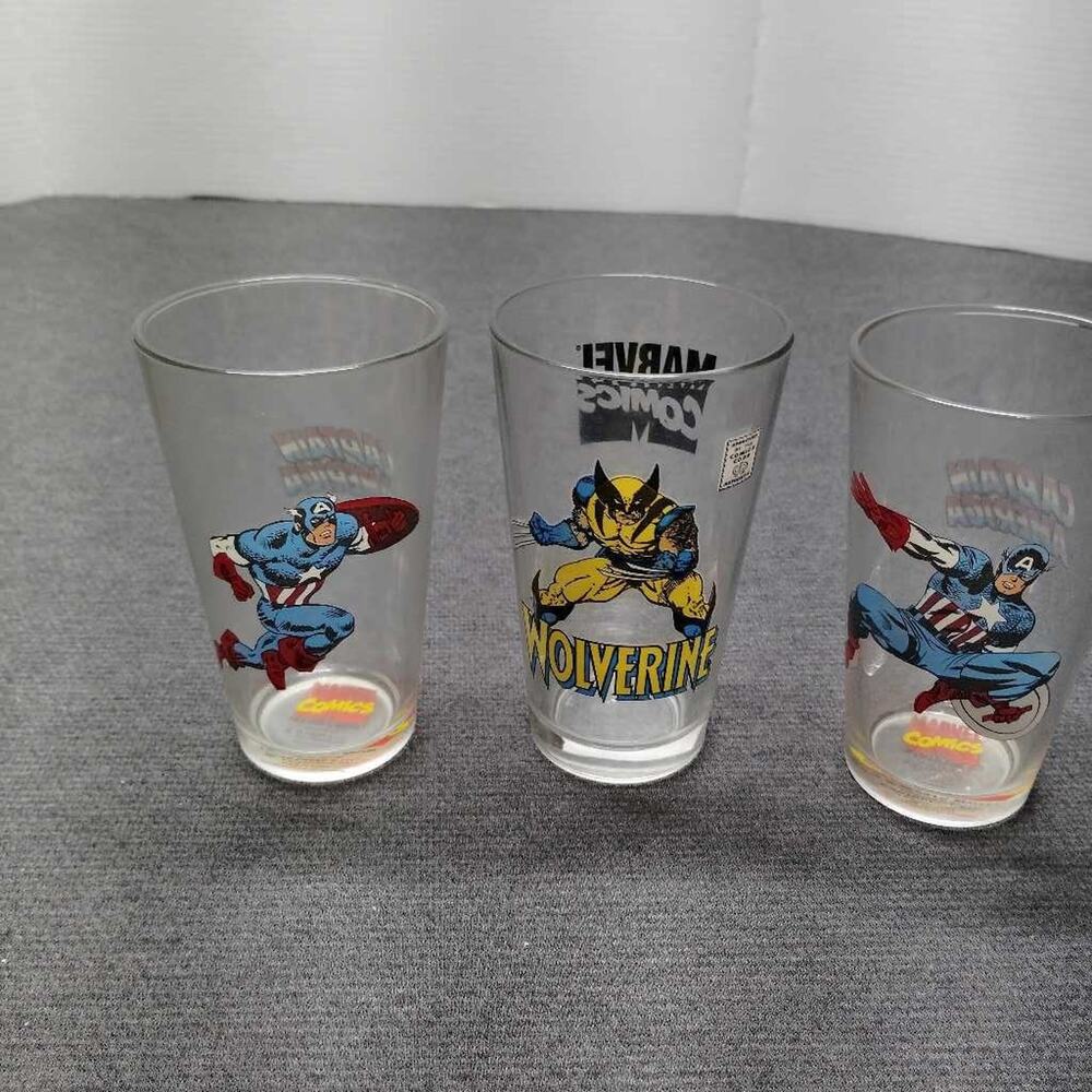 Marvel Comics Captain America Wolverine Drinking Glasses Lot 3 PC Vintage